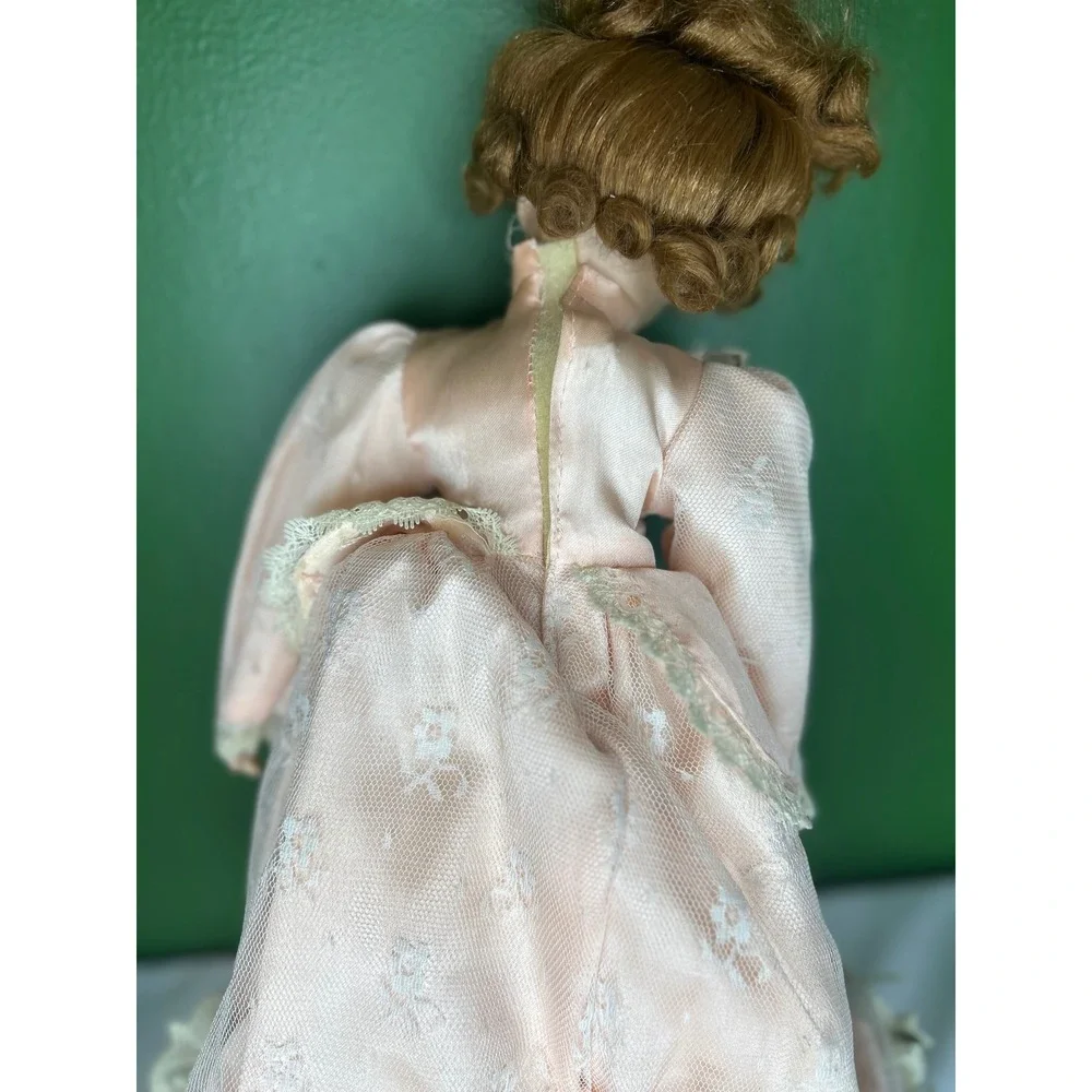 Vintage Porcelain Collector Doll Peach Lace Victorian Dress Auburn Hair Green